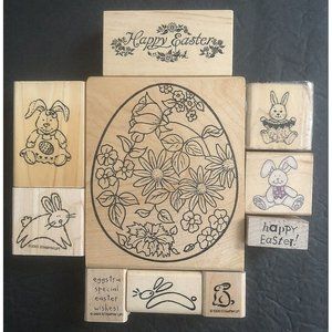 Rubber Stamps Lot 10 Happy Easter Bunny Bunnies Floral Egg Wishes Sentiments